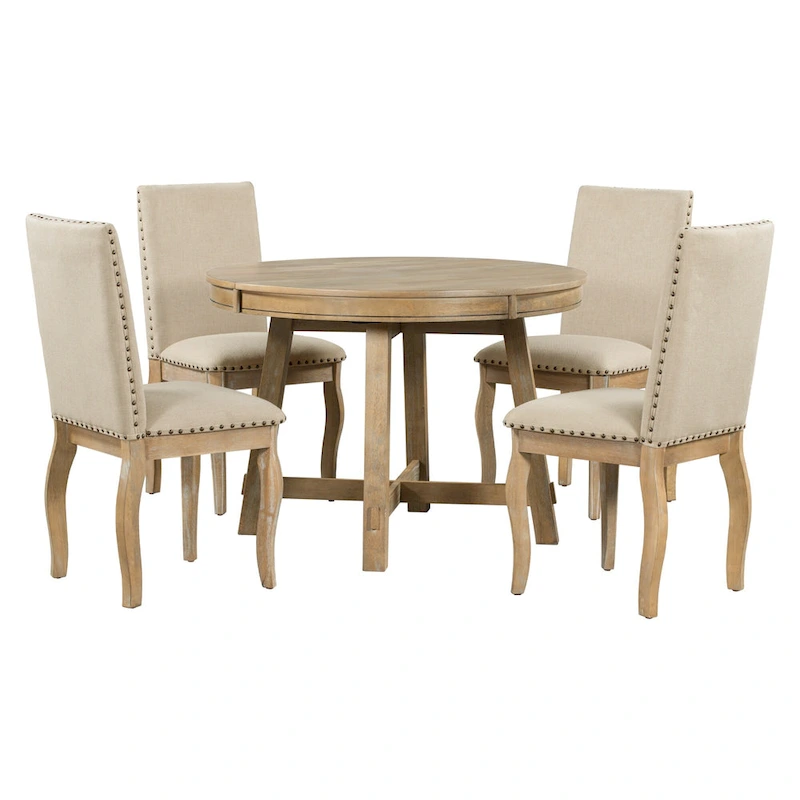 5 Piece Dining Table Set, Wooden Round Kitchen Dining Table Set with Extendable Dining Table and 4 Upholstered Dining Chairs