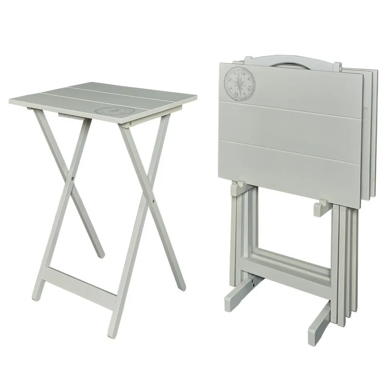 Compass Solid Wood 5 Piece Folding Snack TV Tray Set in Light Grey