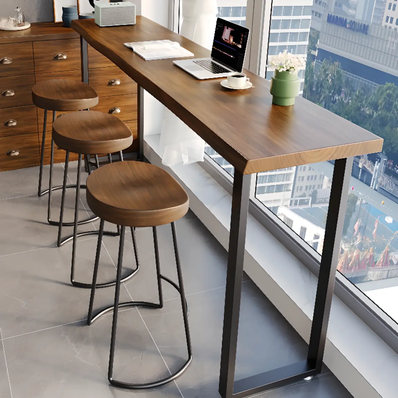 Rectangle Wooden Bar Height Table Metal Sled Base