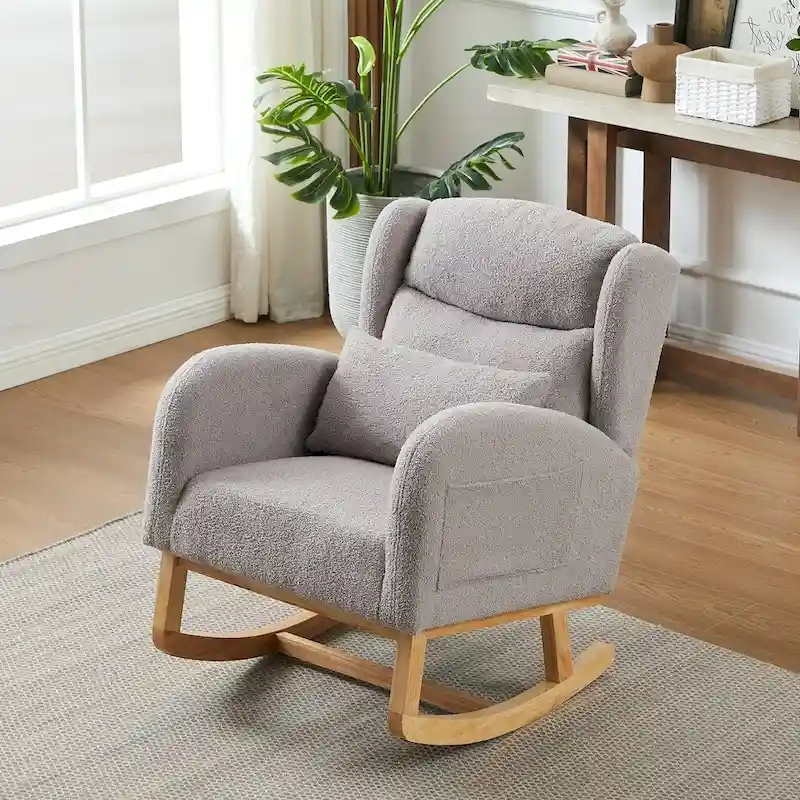 Modern Accent High Backrest Living Room Lounge Arm Rocking Chair, Two Side Pocket