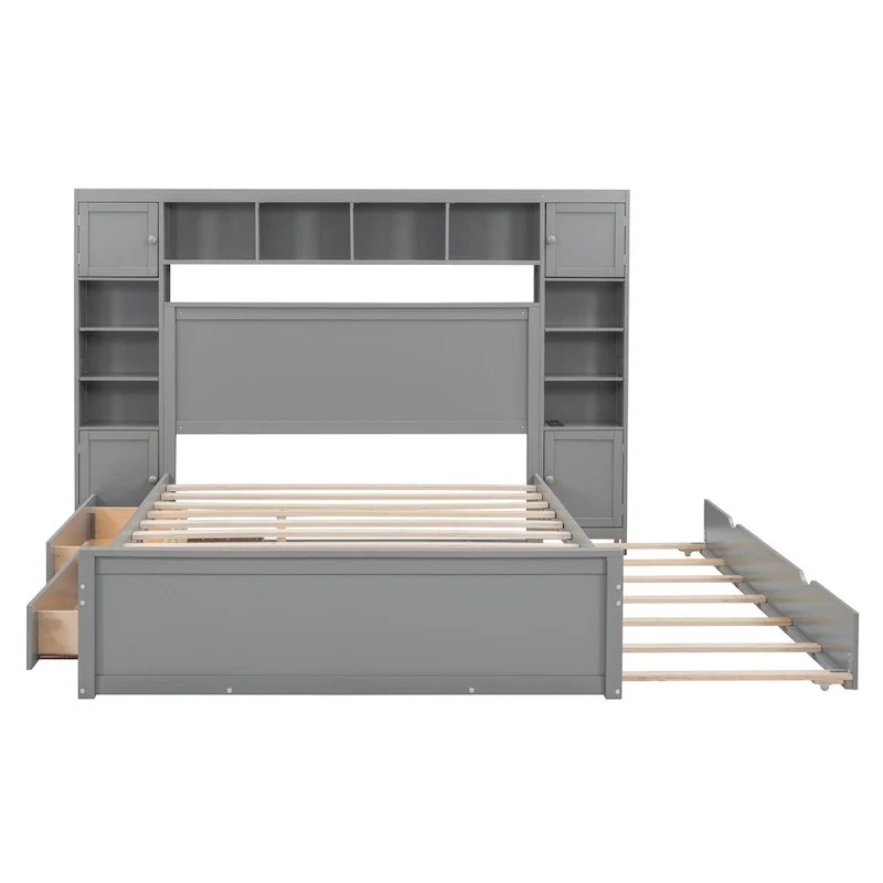 Modern Wooden Bed with Cabinet, Shelf, and Sockets