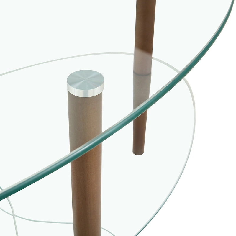 Oval glass coffee table, Transparent coffee table, modern table in living room with Oak wood legs, tea table