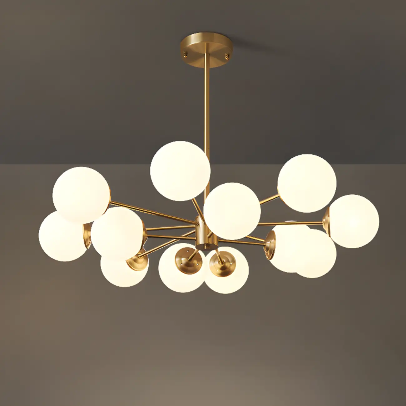 Modern Gold Sputnik Chandelier with White Glass Globe