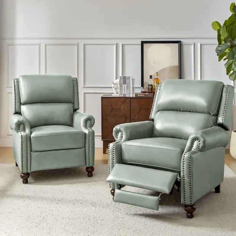 Gabriela Mid-Century Modern Genuine Leather Recliner Nail Head Trim Set of 2 by HULALA HOME