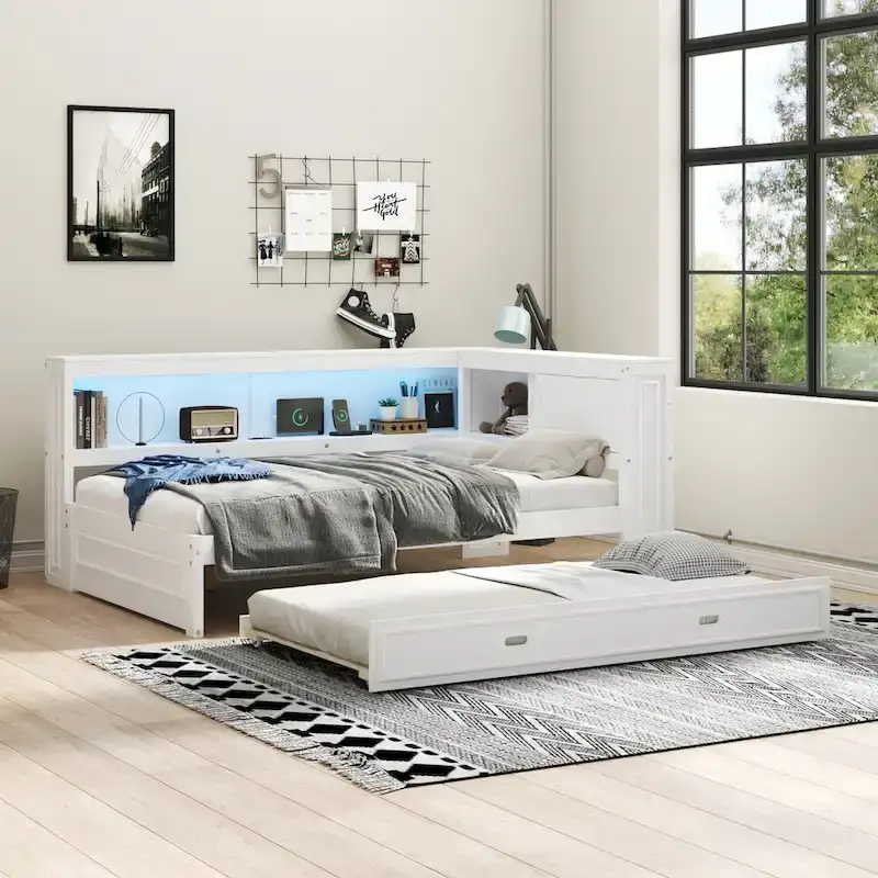 Full Daybed with Shelves, USB Charging, LED Lights & Twin Trundle