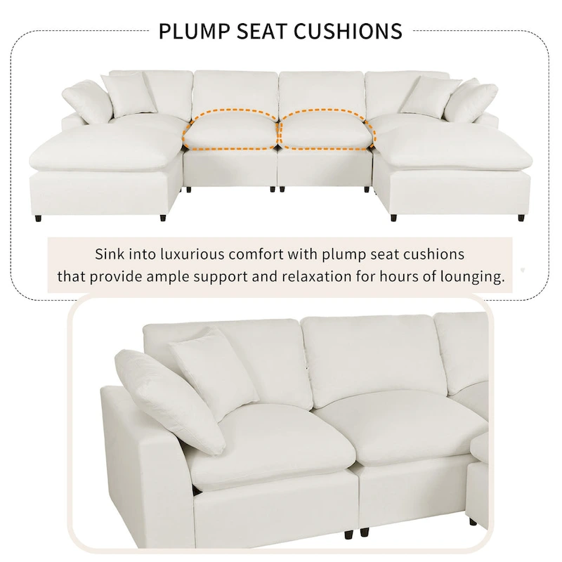 Beige 134.40 Modern U-Shaped 6 Seater Sectional Sofa with 2 Large Chaises, Removable Ottomans and Soft Cushions