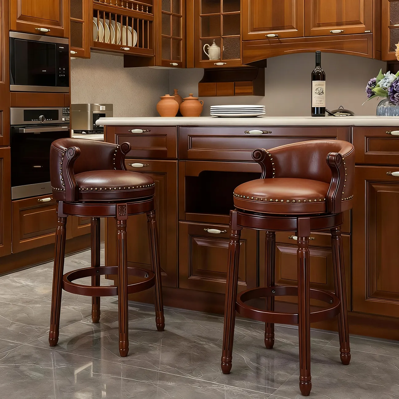 Solid Wood Leather Swivel Counter Stools with Backs