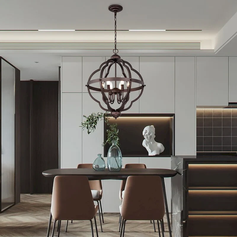 6-Light Brown/Black Round Iron Ceiling Lamp Chandelier with Brown Ringed