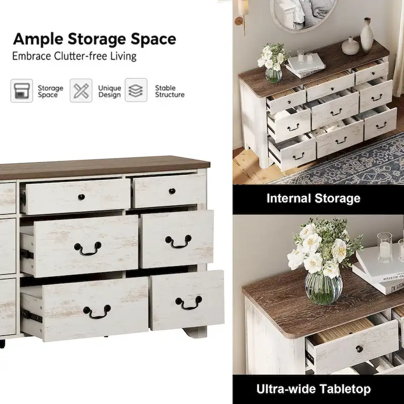 WAMPAT 53.5 Wide Farmhouse White Dresser TV Stand with Curved Edge Design and Wide Chests of Drawers