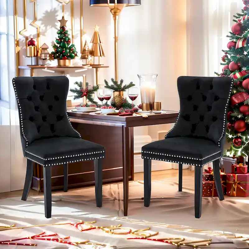 Velvet Dining Chairs Set of 2, Upholstered High-end Tufted Dining Room Chair with Nailhead Back Ring Pull Trim Solid Wood Legs