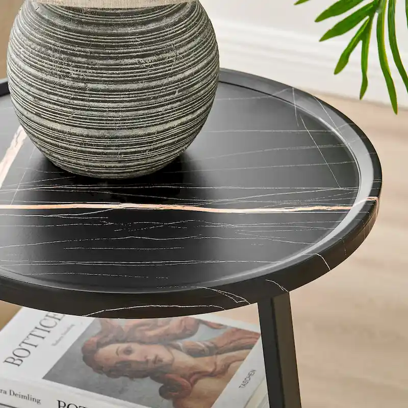 Skylar Round 3-Tier Side Accent Table with Raised Lip Edge Tabletop and Midcentury Modern Metal Asymmetric Pedestal Legs