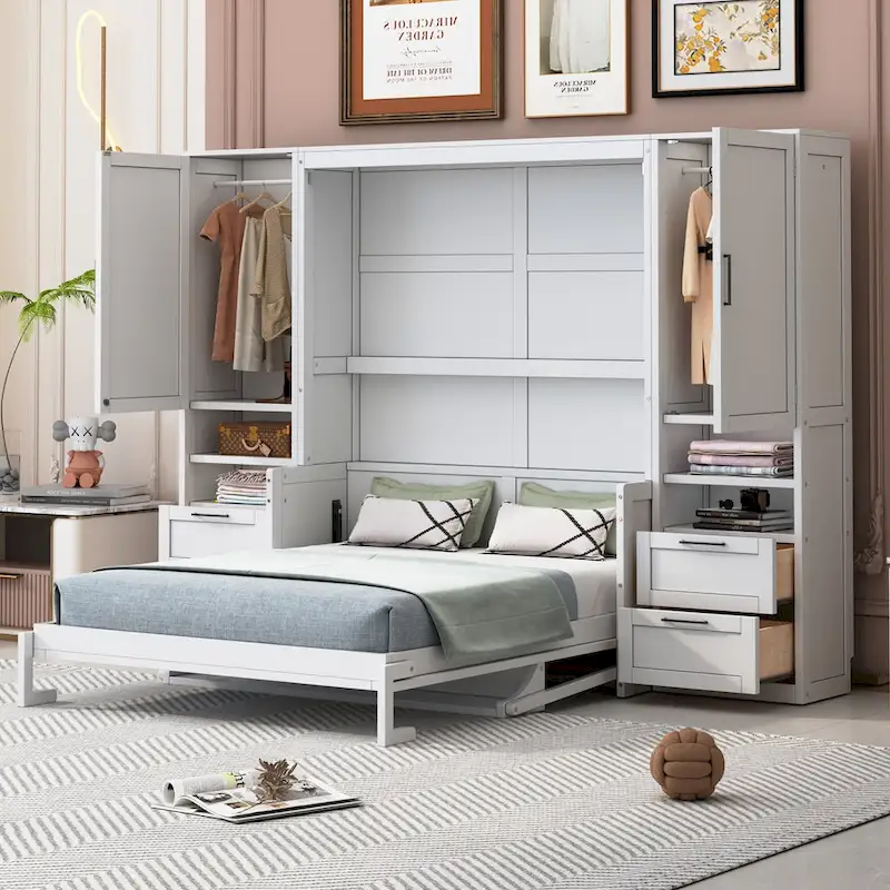 Murphy Bed (Wall Bed) — Featuring Wardrobe, Desk, Drawers, And Shelving