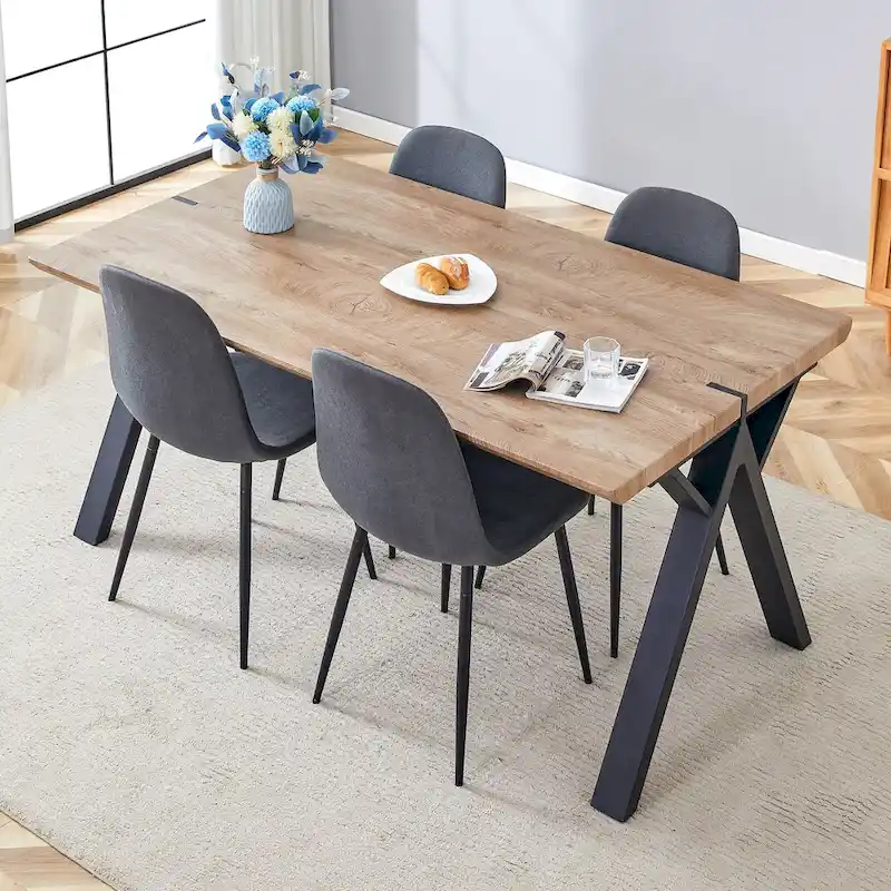 Modern Dining Set with Rectangular Black A-Frame Table & Round Backrest Chairs