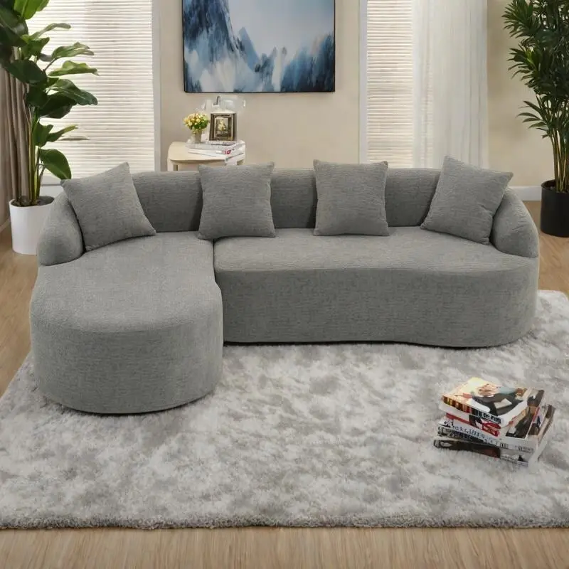 98.4 Chenille L-Shaped 3-Seater Sofa with Chaise Lounge and 4 Pillows