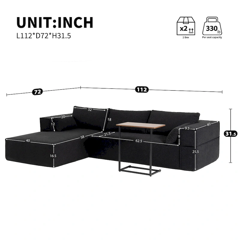 L-Shaped Modular Sectional Sofa with Side Table, Chaise, Wide Seat