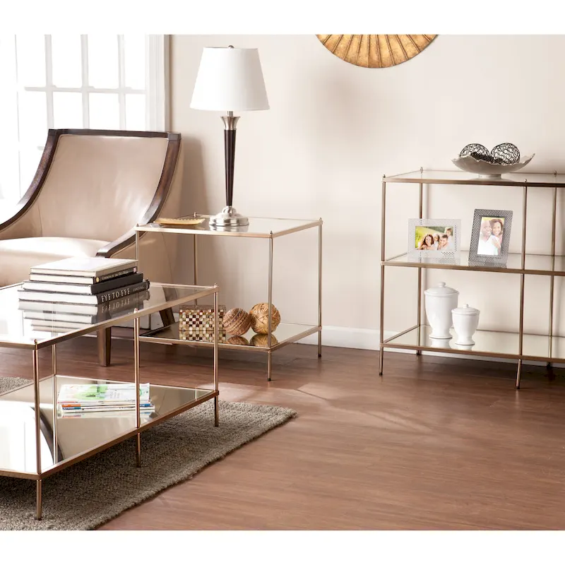 SEI Furniture Grant Goldtone Rectangular Coffee Table with Glass top and Bottom Shelf