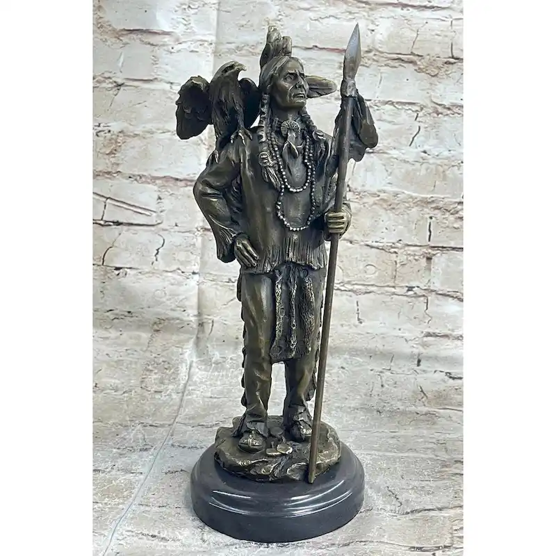 Native American Warrior And Eagle Sculpture Signed Original M. Lopez Bronze