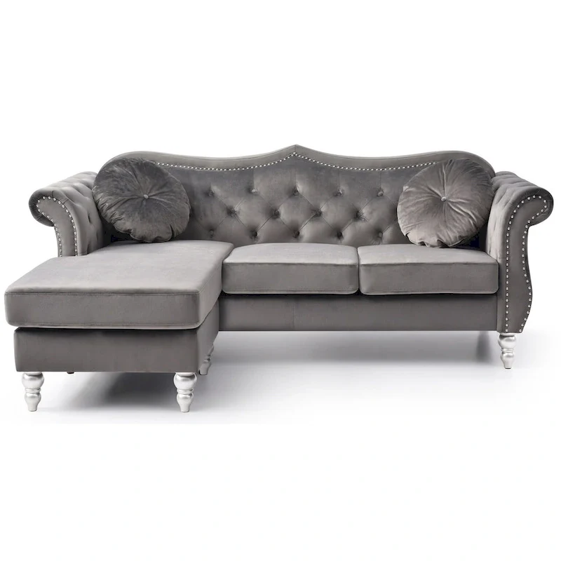 81 in. Velvet Chesterfield Sectional Sofa with 2-Throw Pillow - 81L x 35W x 34H