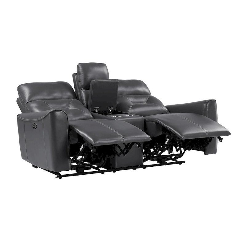 Well 73 Inch Power Double Recliner Loveseat, Dark Gray Faux Leather, Wood