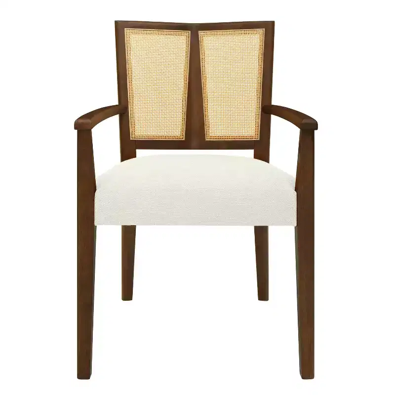 Beige/Dark Brown Upholstered Dining Arm Chairs with Rattan Back, Set of 2