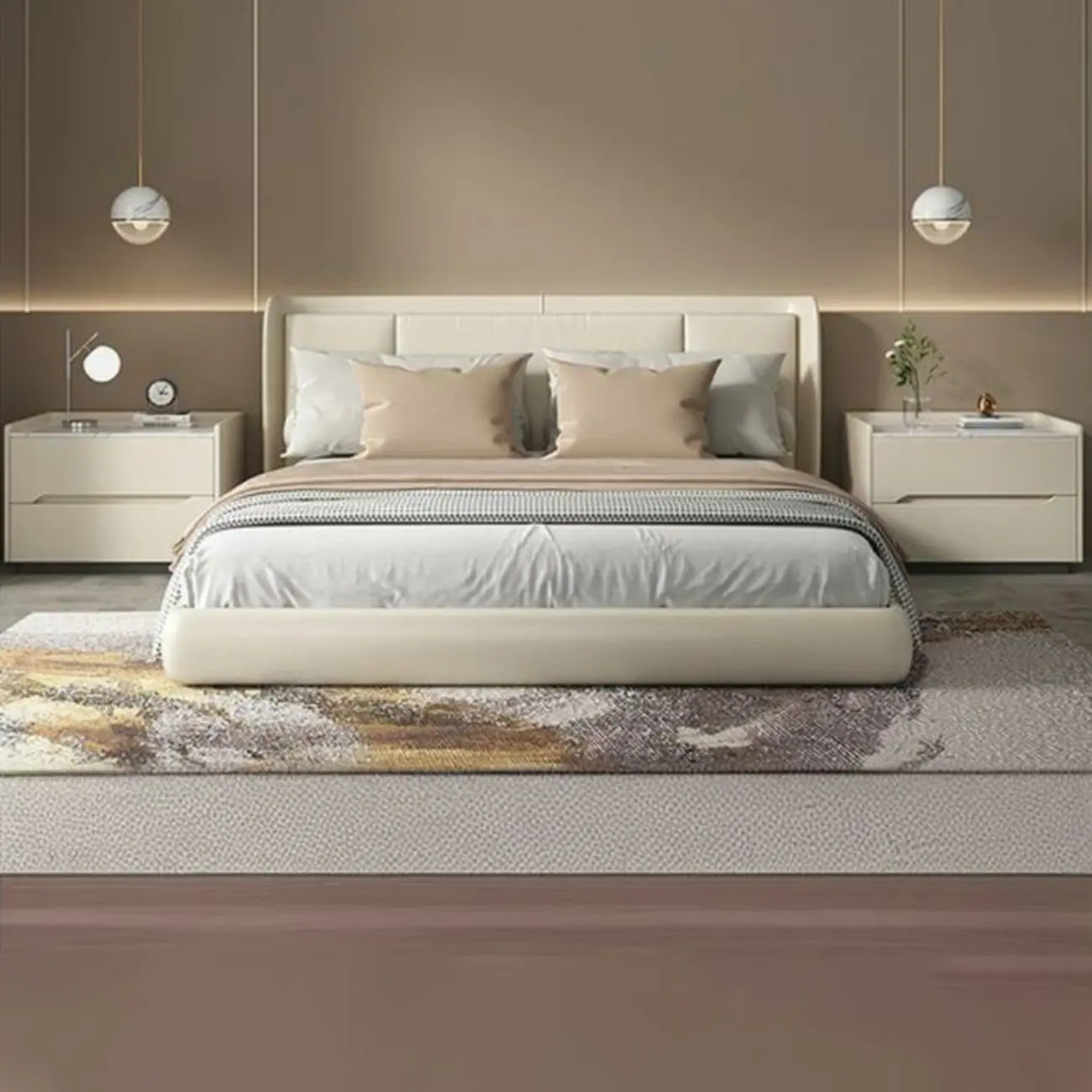 Modern Khaki Leather Stone Top 2-Drawer Nightstand