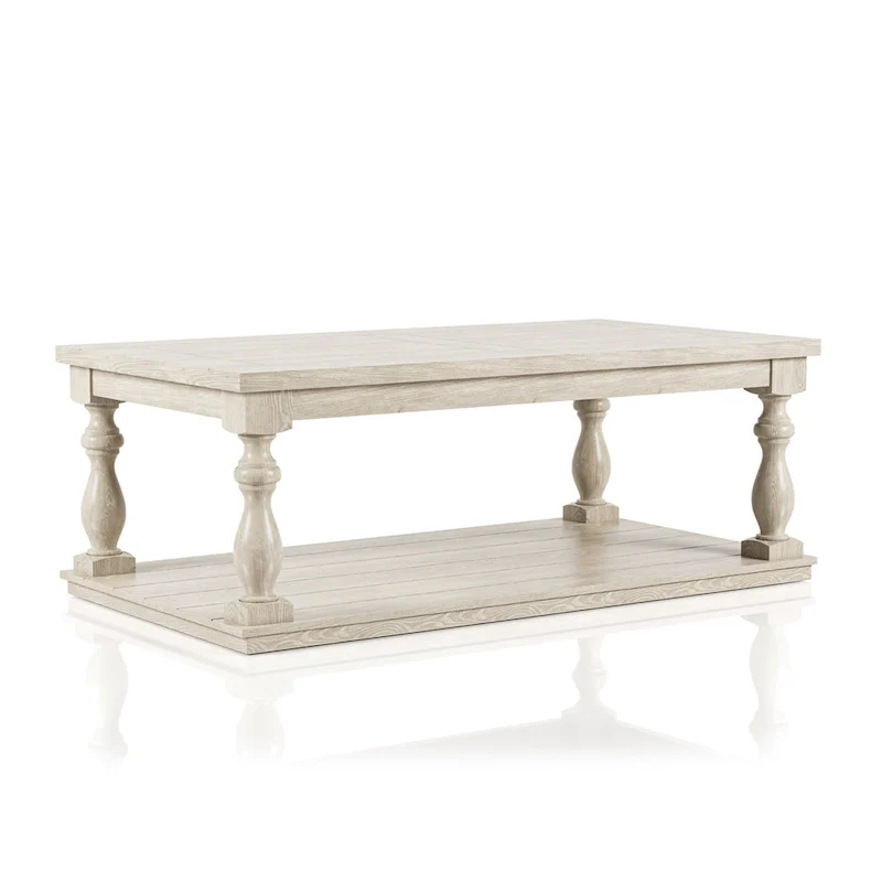 Wood Coffee Table with Lower Shelf, Antique White, Rustic Traditional, 52