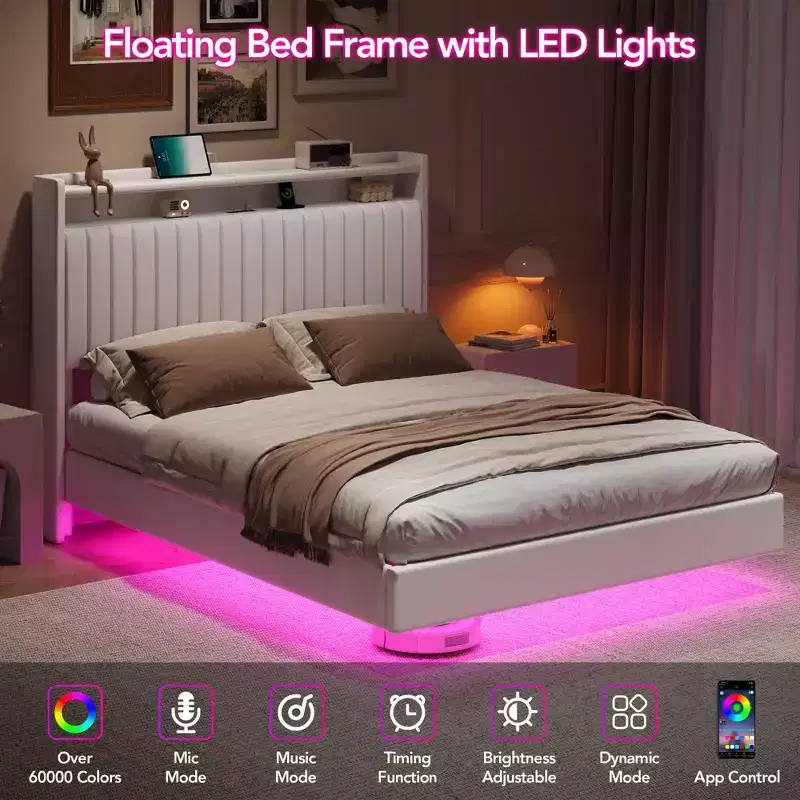 GustoWave Floating Bed Frame, with LED Lights & Charging Station