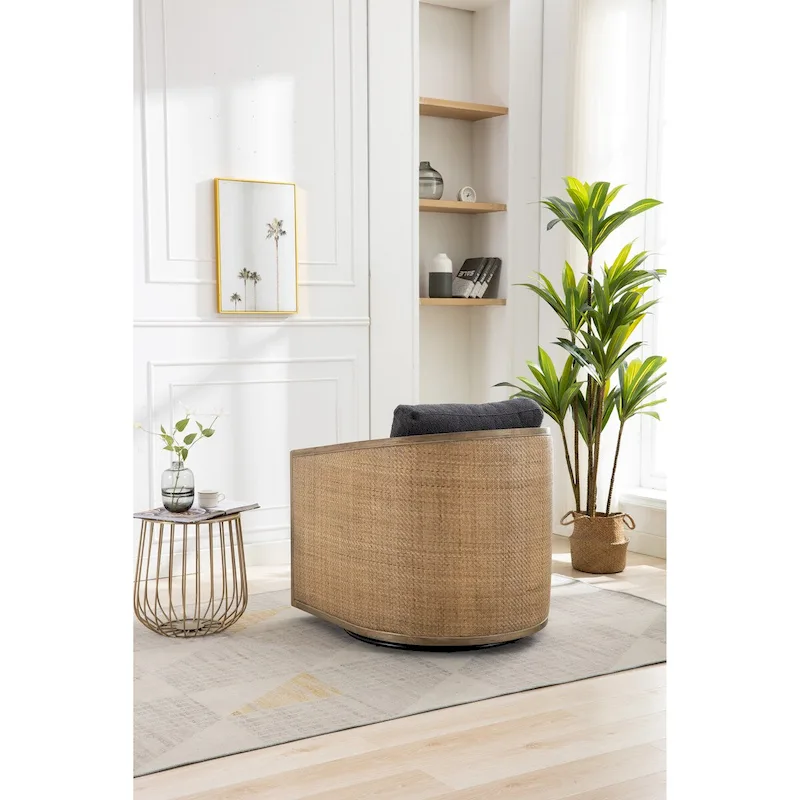 Swivel Barrel Chair, Comfy Round Accent Chair, 360 Degree Swivel Barrel Club Chair, Leisure Arm Chair with Rattan Woven Frame