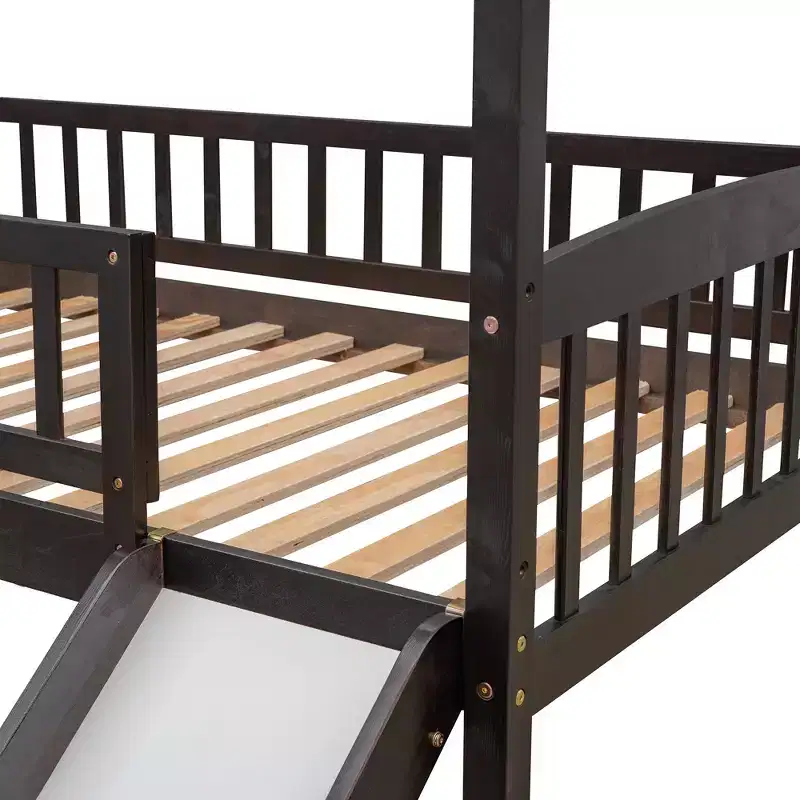 Twin House Loft Bed with Slide, Wood Playhouse Loft Bed Frame with Ladder and Roof