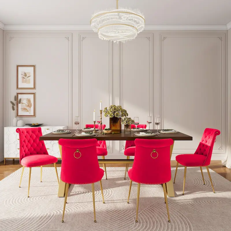 7-Piece  Walut Wood Dining Table with Velvet Chair Dining Chair