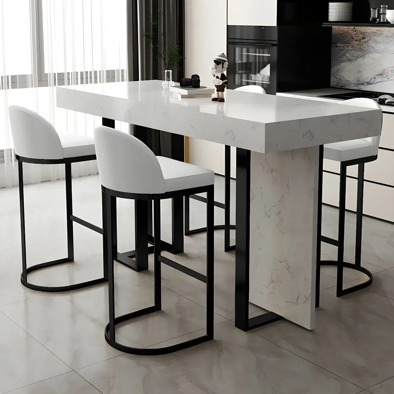 Rectangle White Marble Top Iron Base Dining Bar Table