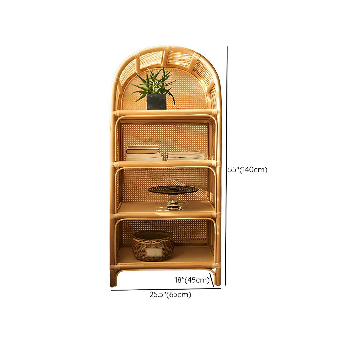 Light Wood Arch Rattan Bookshelf 5-Tier Bookcase