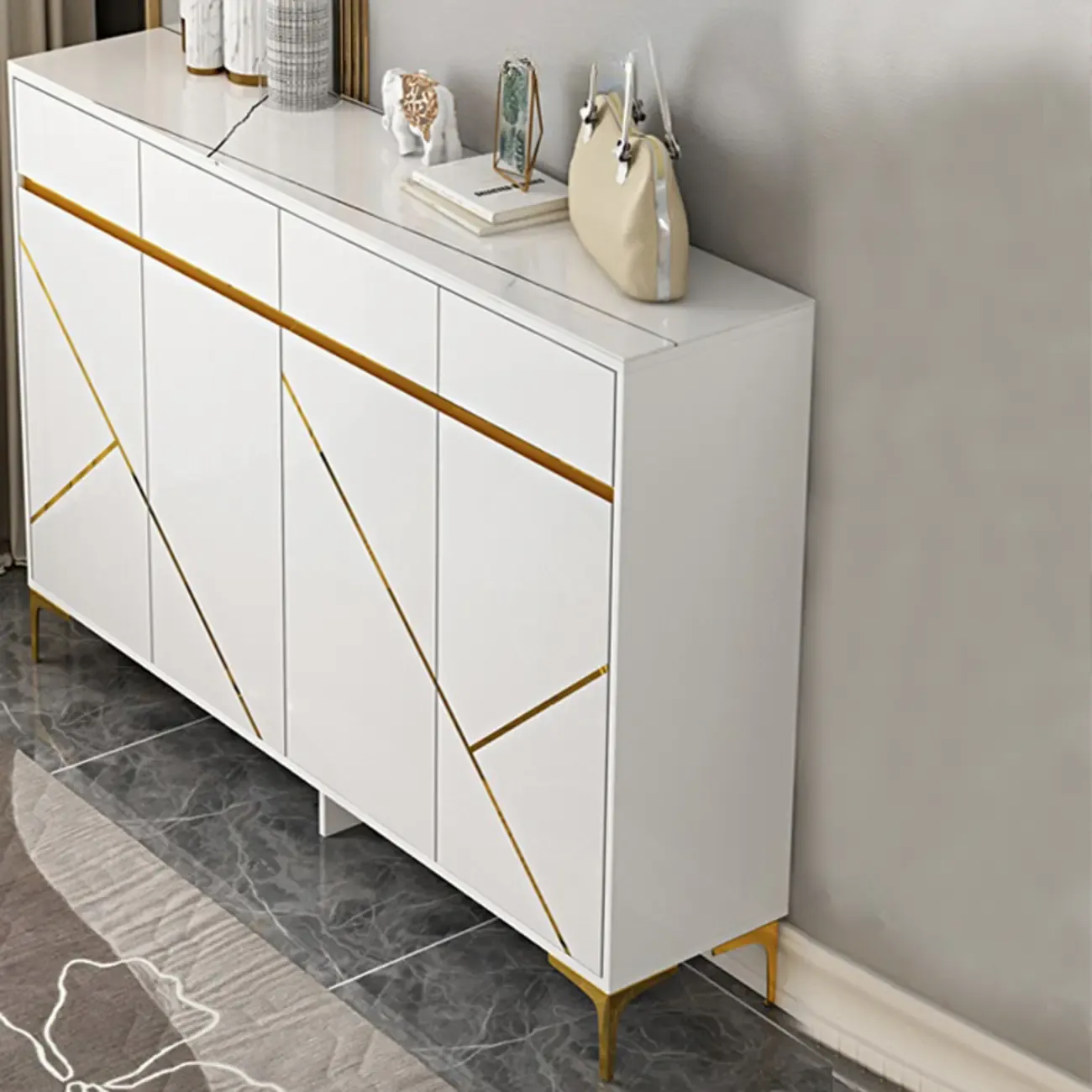 Trendy Gray Wood Shoe Cabinet with Drawers & Display Top