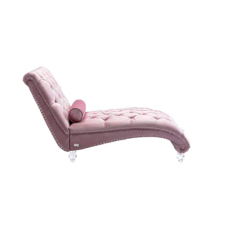 Button-Tufted Upholstered Velvet Recliner Chaise with Pillow and Acrylic Feet