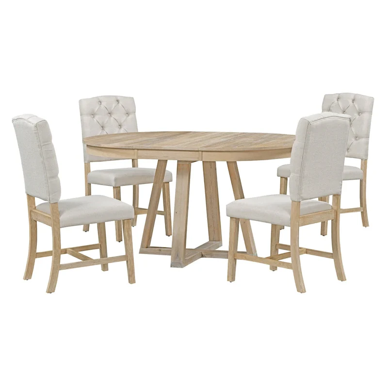 5 Piece Extendable Round Dining Table Set, Wooden Kitchen Furniture Set with Removable Leaf and 4 Upholstered Chairs