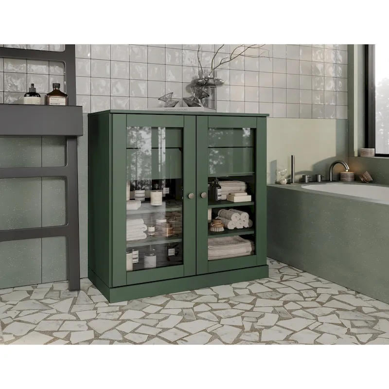 32" Solid Wood Bathroom Cabinet, Clear Glass Doors, 2 Drawers, 12 Colors