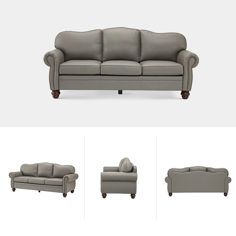 Balvino 81 Wide Transitional Genuine Leather Rolled Arm Sofa with Nailhead Trim and Removable Cushions