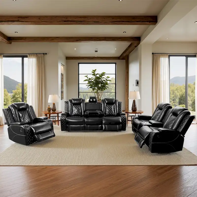 Modern 3-Piece Leather Recliner Sofa Set with LED, Wireless Charging