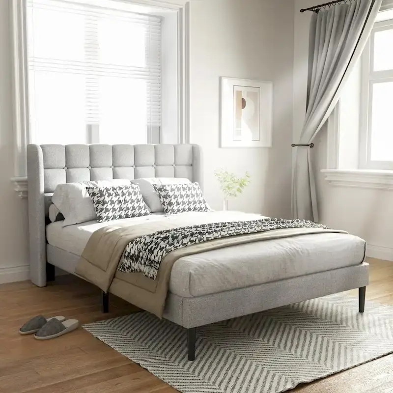 Bed Frame with Upholstered Wingback Headboard And Wooden Slats Support