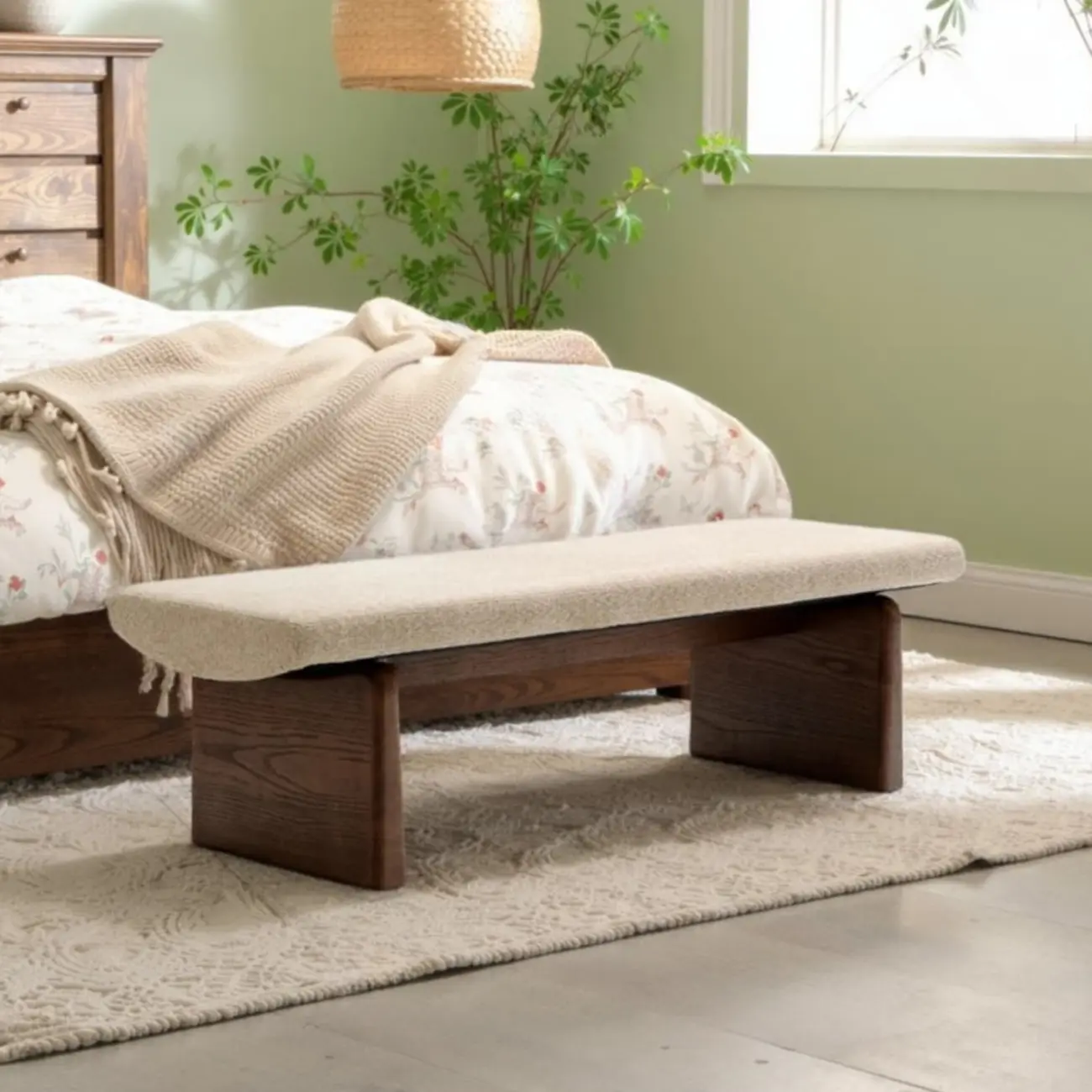 Modern Upholstered Beige Bedroom Bench Wooden Frame