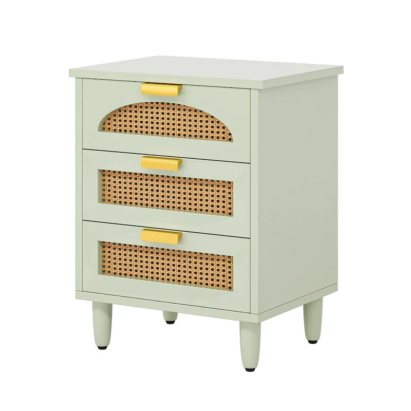 Wood and Rattan 3-Drawer Nightstand with Metal Handles