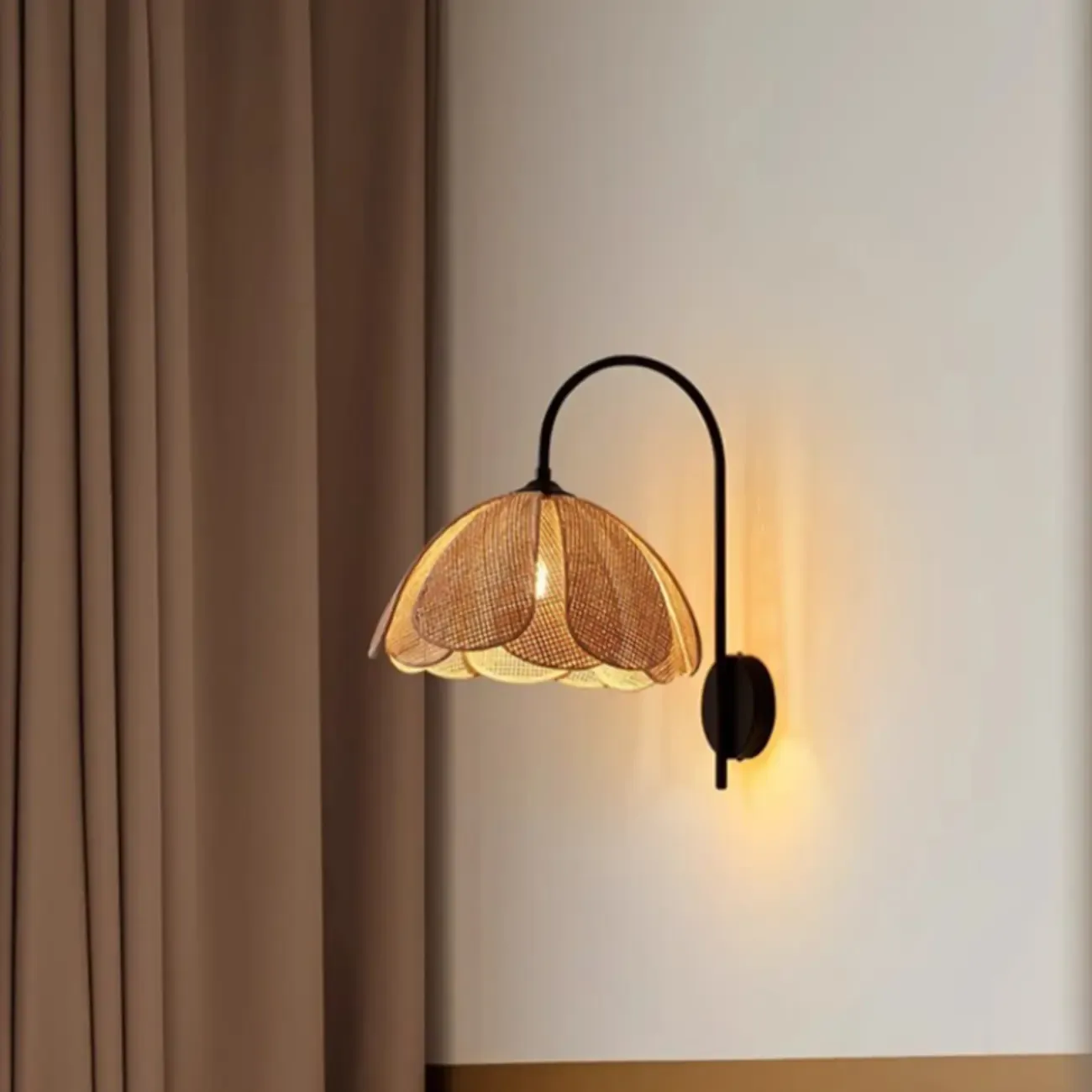 Indoor Modern Wood Rattan Gooseneck Wall Sconce Lamp