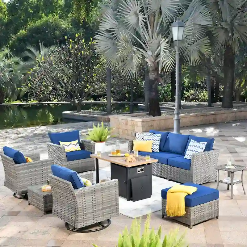 XIZZI 10-piece Outdoor Patio Furniture Rattan Wicker Conversation Sofa Set with Fire Pit