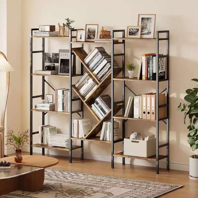 Bookshelf, Triple 5 Tier Shelf Display Book Shelf, Wide Bookcase, Rustic Wooden Shelving Unit, for Your Bedroom, Living Room, Home & Office Shelving