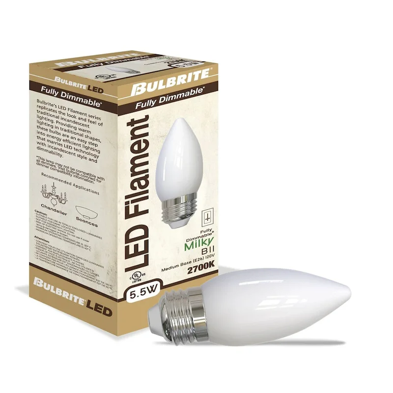 Bulbrite LED Filament Pack of (4) 5.5 Watt Dimmable B11 Light Bulbs with Milky Finish and Medium (E26) Base - 2700K
