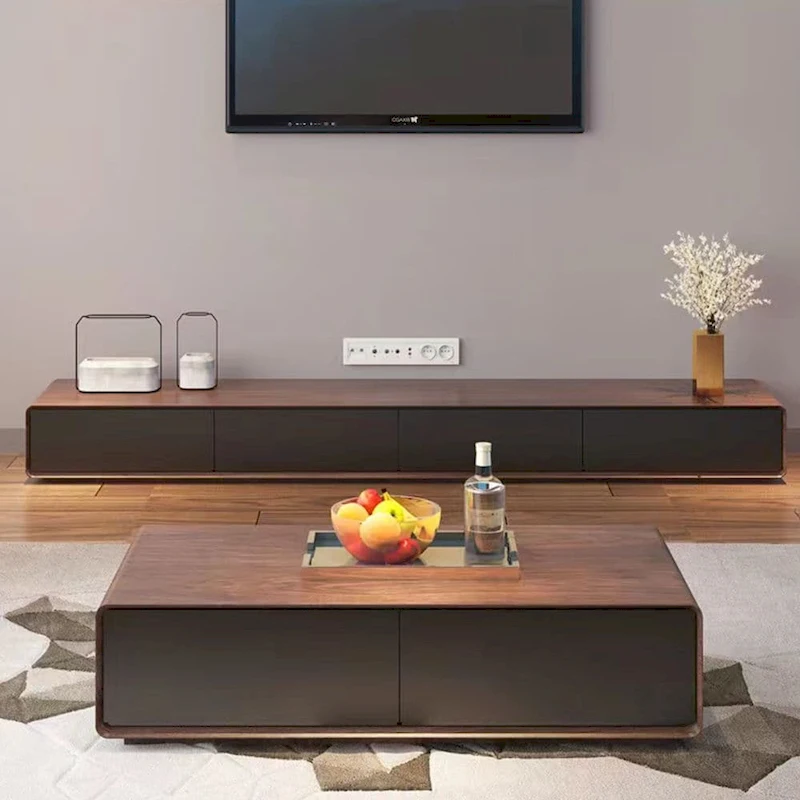 Modern Rectangular TV Stand with 4 Drawers, Wood Veneer Media Console, Walnut White, Soild Wooden, Fully-Assembled