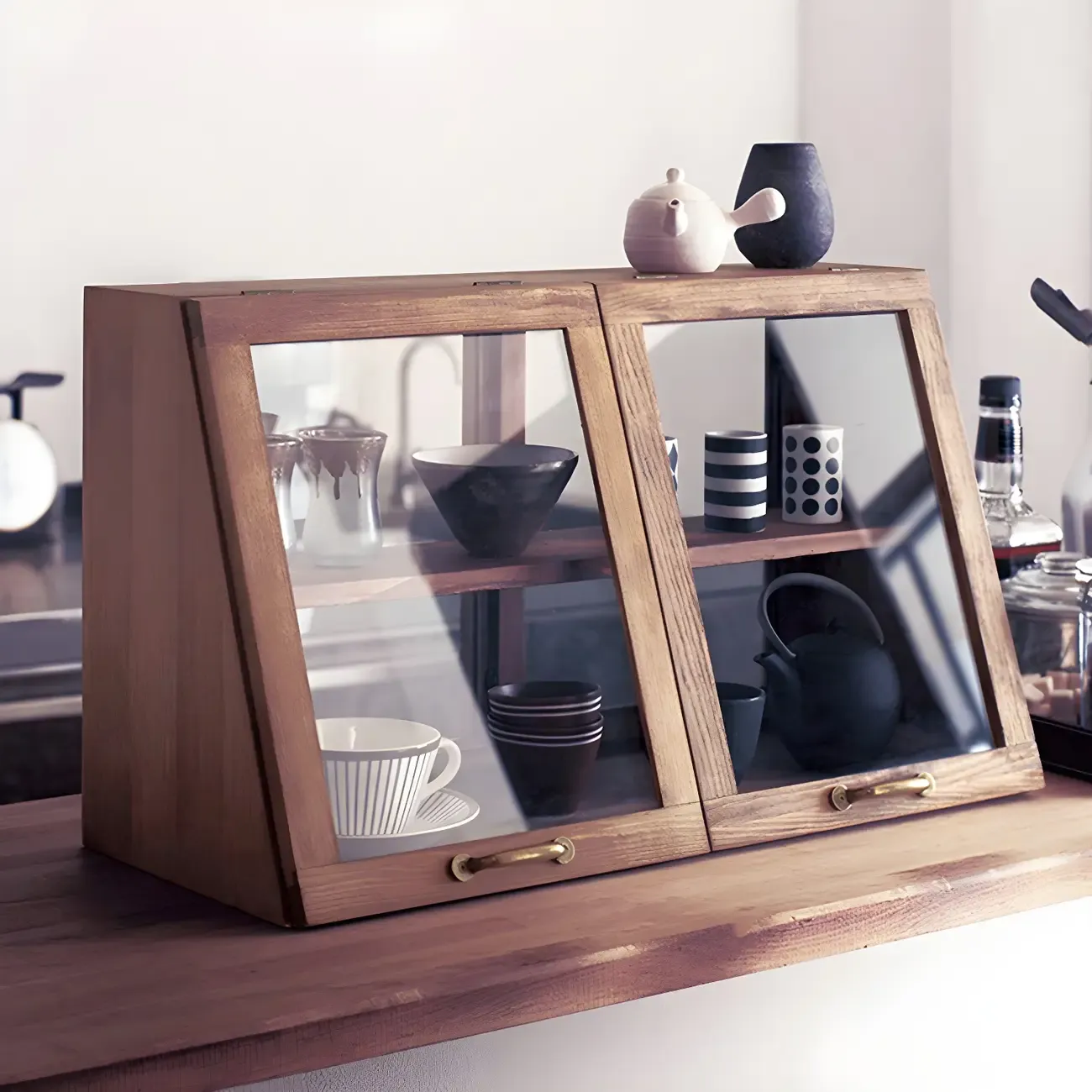 Wooden Ladder Display Cabinet with Sliding Glass Doors