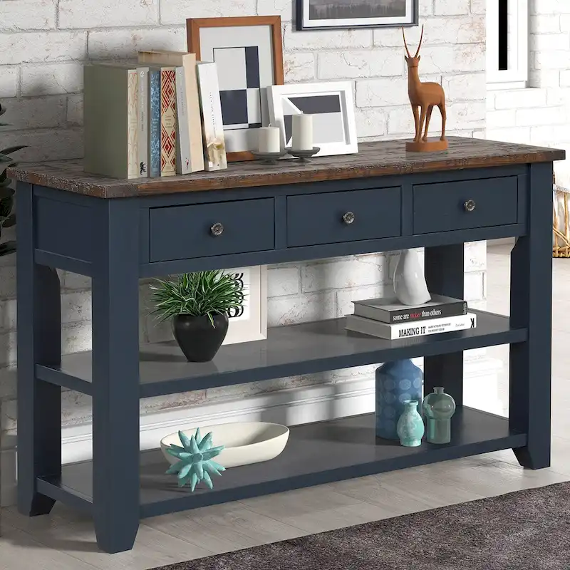 48 Solid Pine Wood Top Console Table with Drawers and Shelve