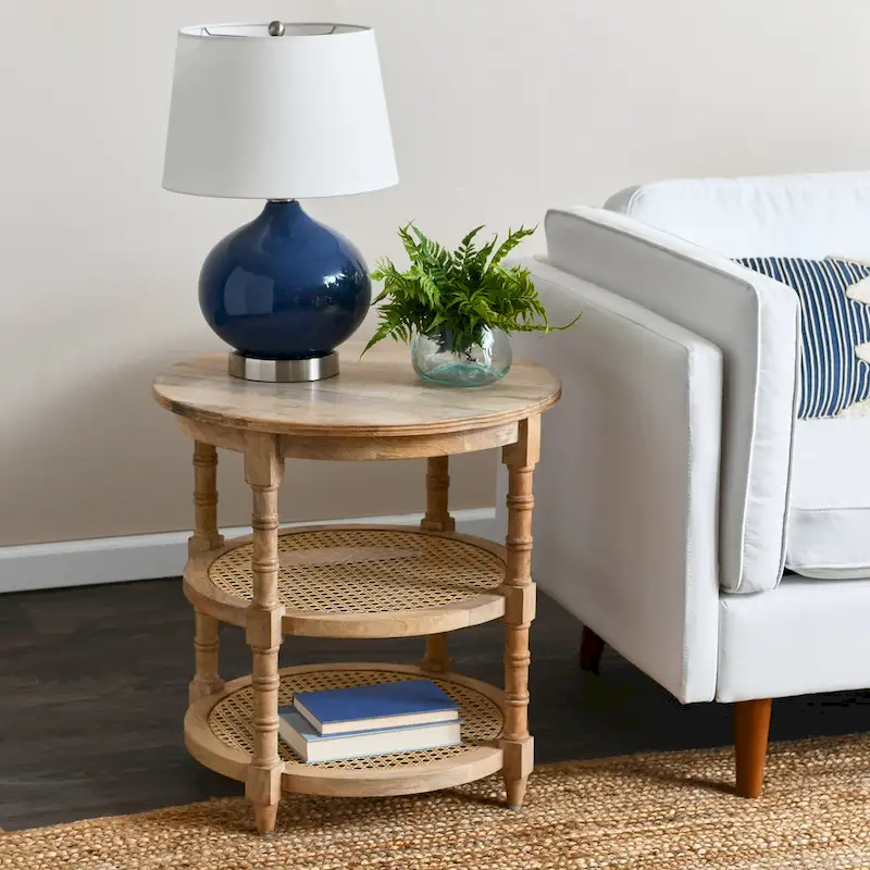 Round Mango Wood Table with 2 Cane Shelves