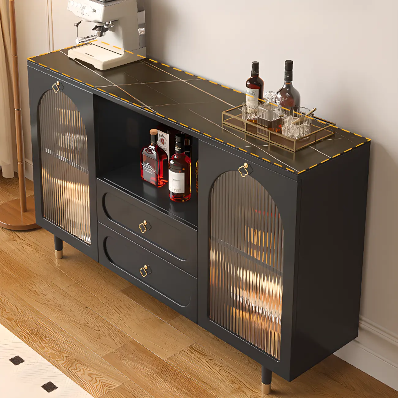 Modern Wooden 2-Drawer Open Shelving Buffet Cabinet